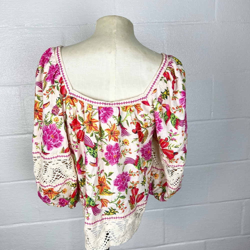 Rachel Zoe Linen Blend Crochet Insert Boho Tropical Square Neck Top Size M - Picture 6 of 8